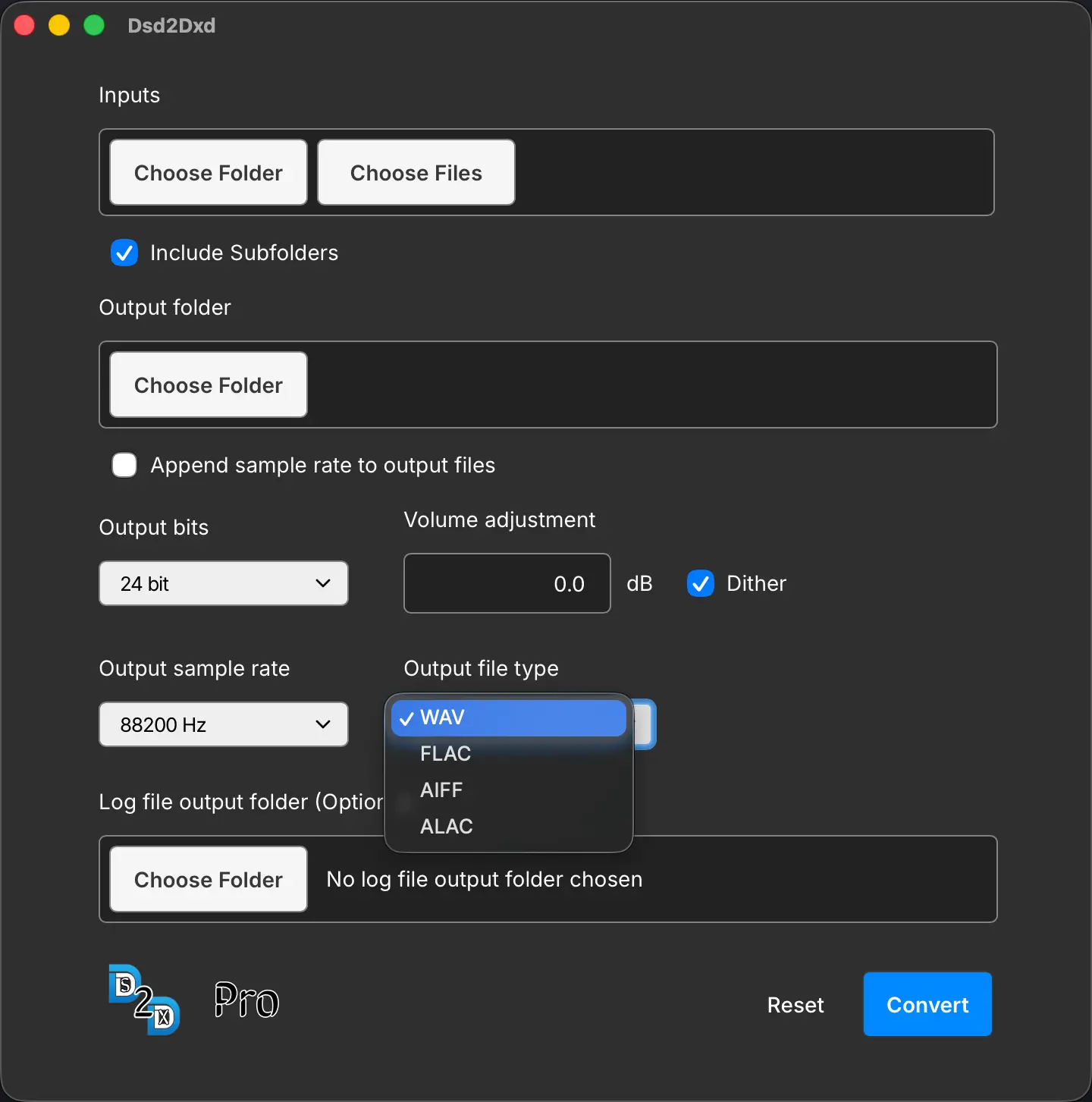 Dsd2Dxd output file type dropdown